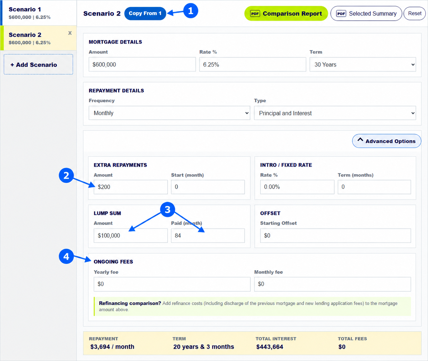 Actual advanced mortgage calculator screen showing Copy From 1, $200 extra repayment, $100,000 lump sum in month 84 and ongoing fee inputs with arrows
